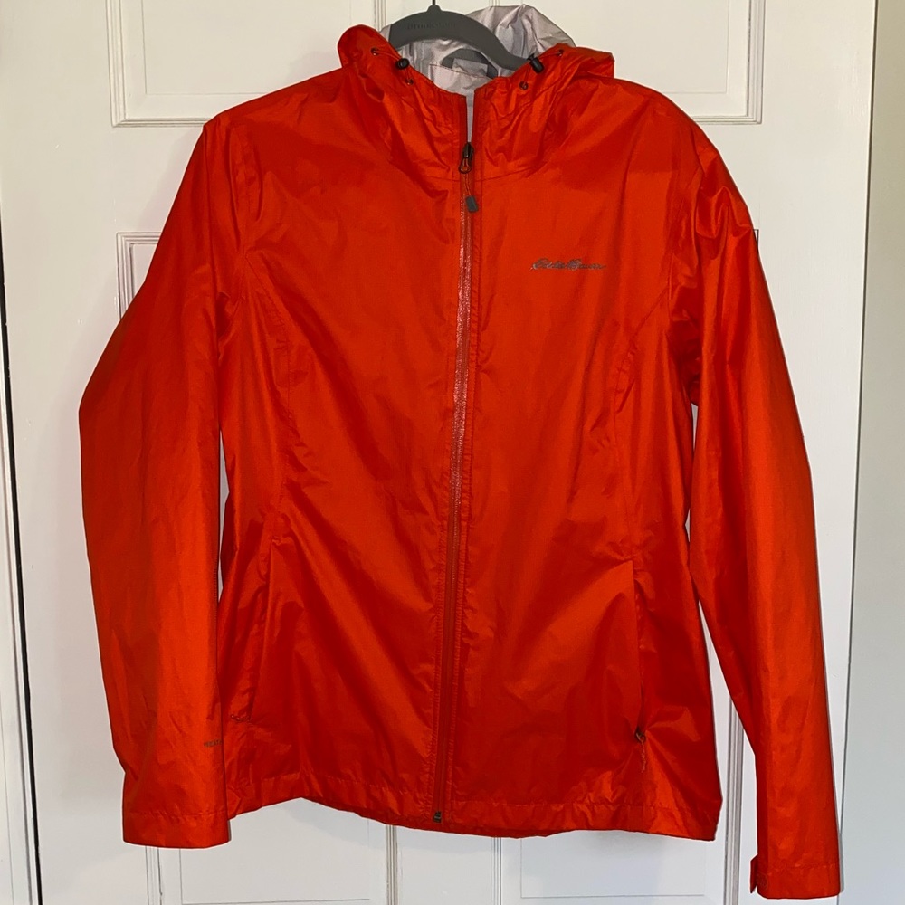 Women's EUC Eddie Bauer Orange/Red Cloud Cap Rain Jacket Large UltraLight